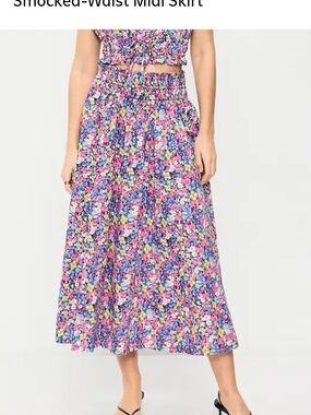 Old Navy Pink and Blue Floral Smocked-Waist Midi Skirt